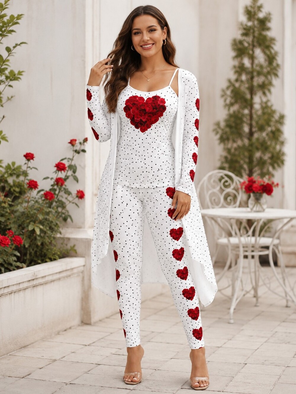 Women’s Medium 3 Piece Satin Pajama Set Robe Cami Pants Red Rose Heart NIP